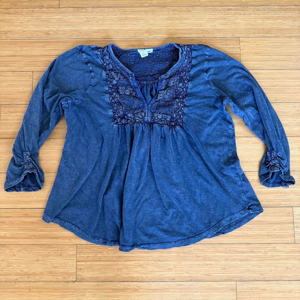 Joie Blue Embroidered Peasant Blouse Large 100% Cotton Boho 3/4 Sleeve